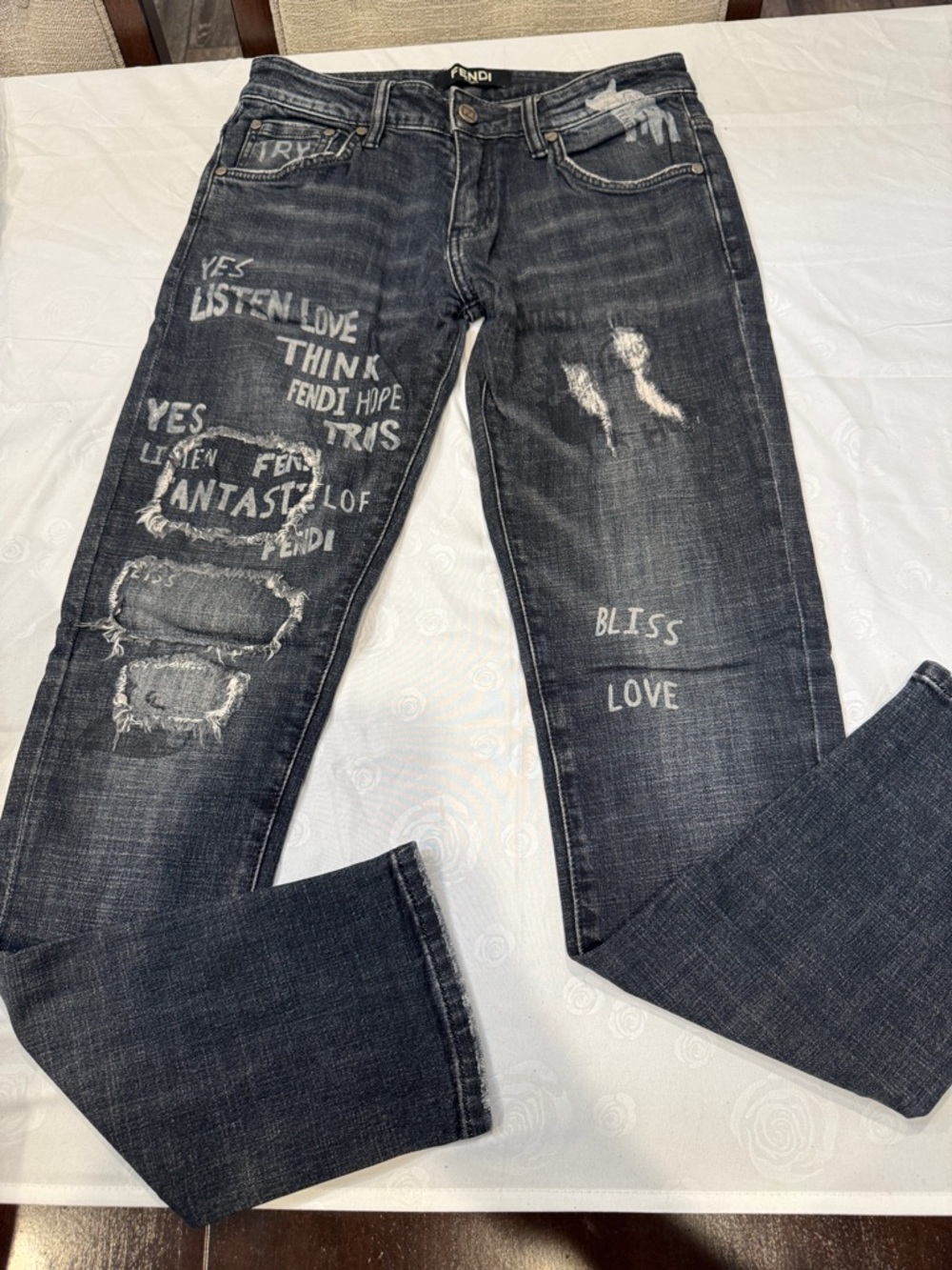 Authentic Fendi Distressed Graphic Bootcut Jeans - Picture 1 of 11